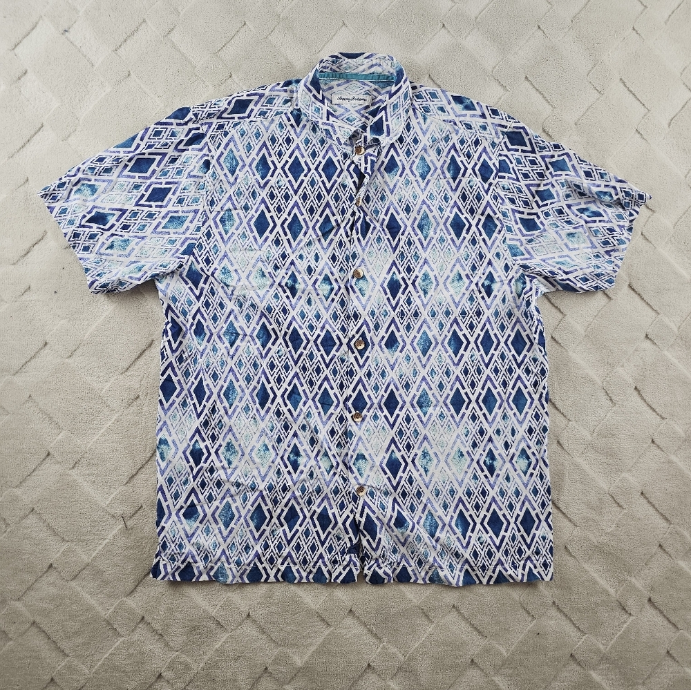 Tommy Bahama Blue Geometric Shirt Mens Large Button Up Silk Blend